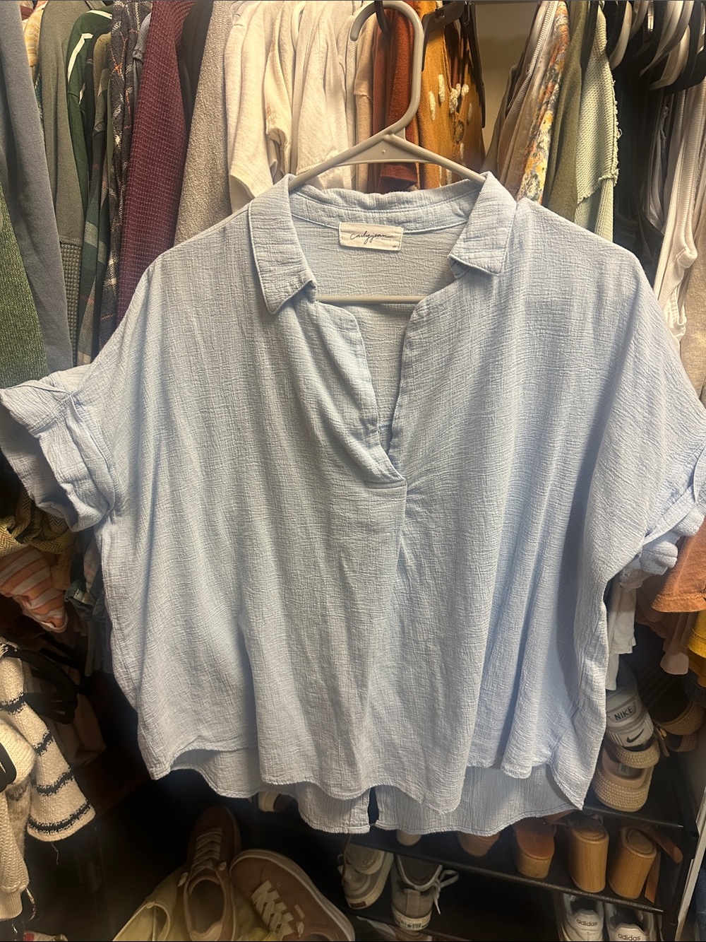 Carly Jean Los Angeles Light Blue Gauze Collared Short Sleeve Top